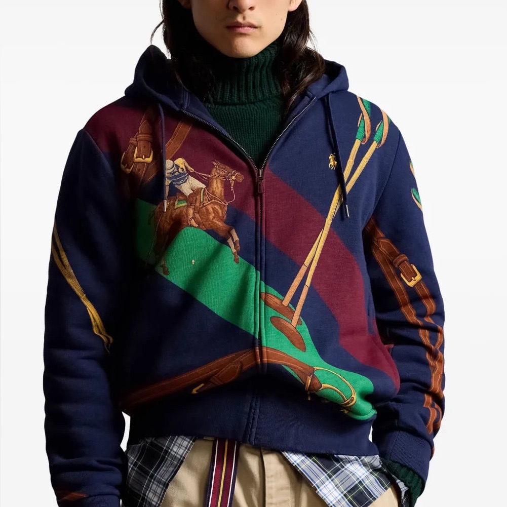 Nwt $298 Polo Ralph Lauren Hoodie M Polo Pony Graphics Zip Front Fleece Fabric